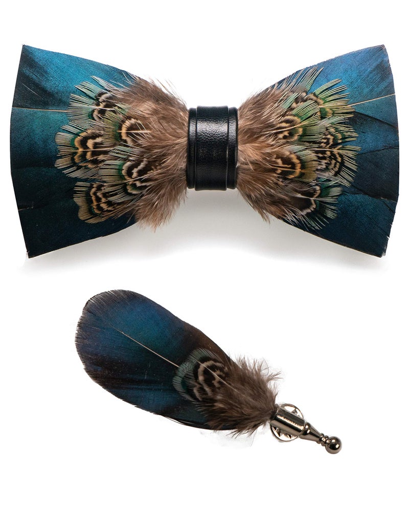 RBOCOTT Blue Feather Pre-tied Bow tie Leather Bowtie and Brooch Sets for Men(1) - Image 1